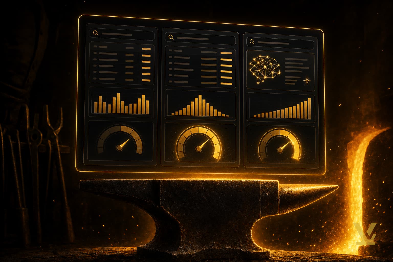 Cinematic illustration: forge dashboard with three keyword research tool panels - frames the buyer decision space