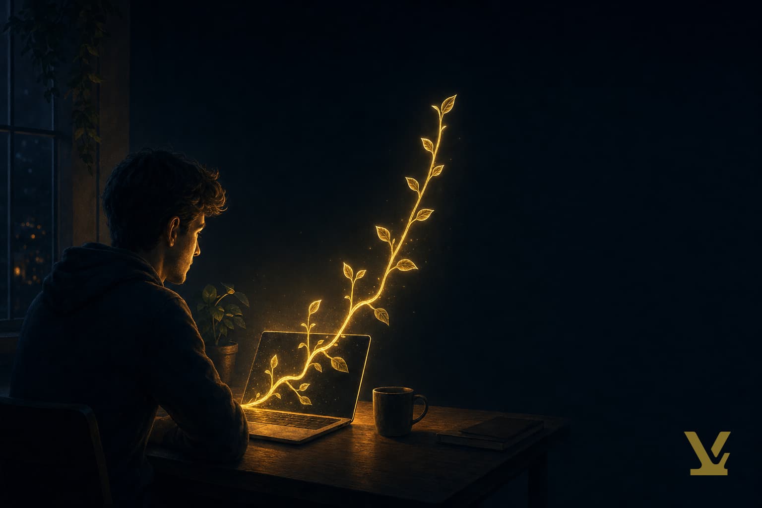 Solo creator watching an organic vine-like traffic curve grow out of a laptop screen