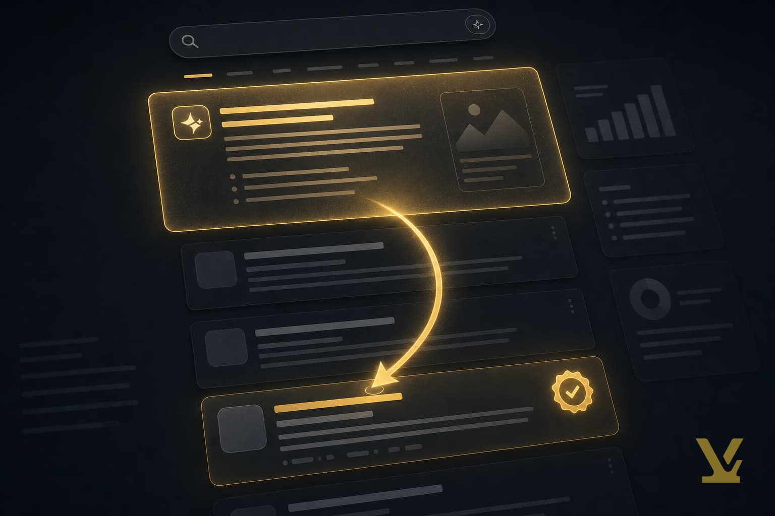 Editorial illustration of a Google AI overview panel and one verification-click arrow pulling a reader to a source