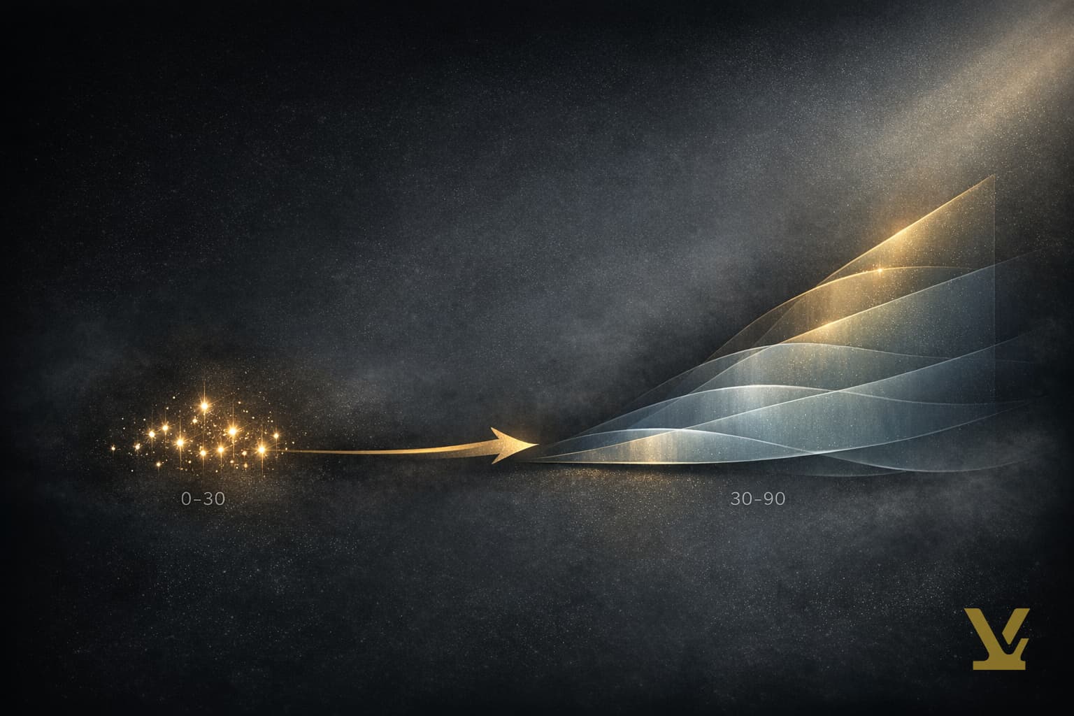 Conceptual diagram: fast 0-30 day wins feeding 30-90 day compound organic growth - shows the two-phase no-ad playbook