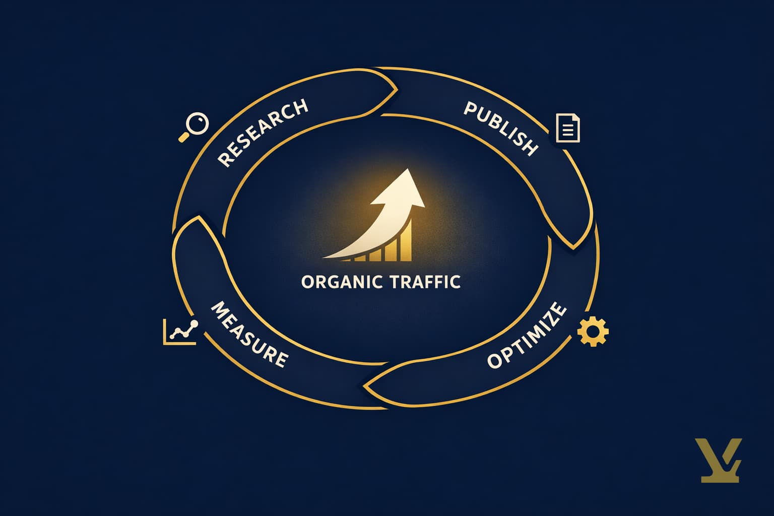 Flywheel diagram: research, publish, optimize, measure loop compounds organic traffic for creators
