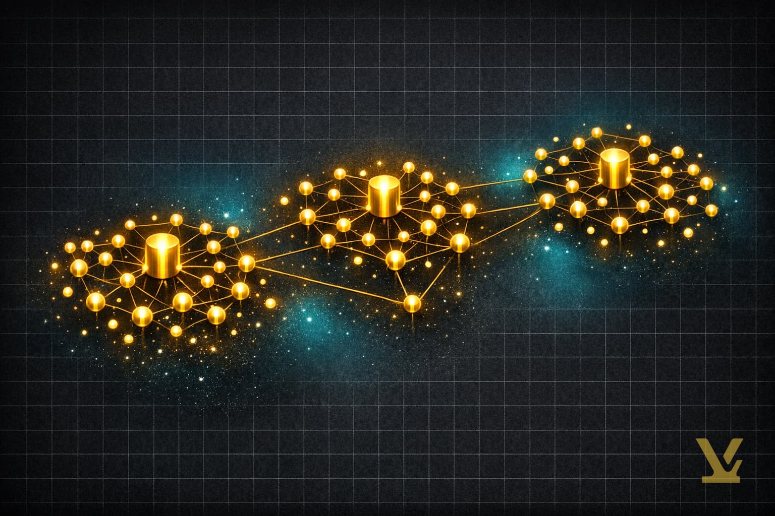 Editorial illustration: keyword nodes organizing into pillar and supporting topic clusters - sets the cluster-first frame