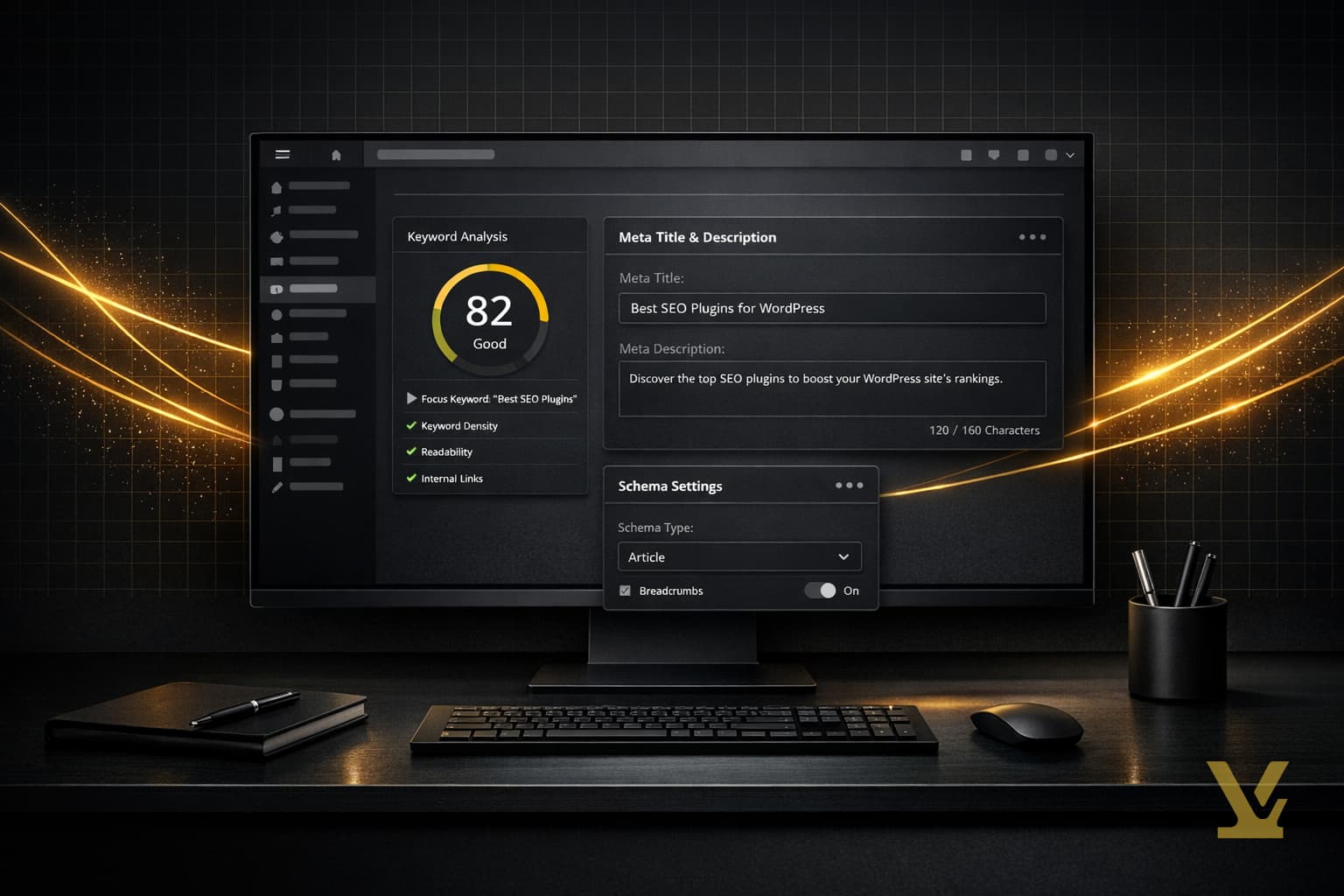 Dark editorial hero showing a WordPress admin with SEO plugin panels and golden glow accents.