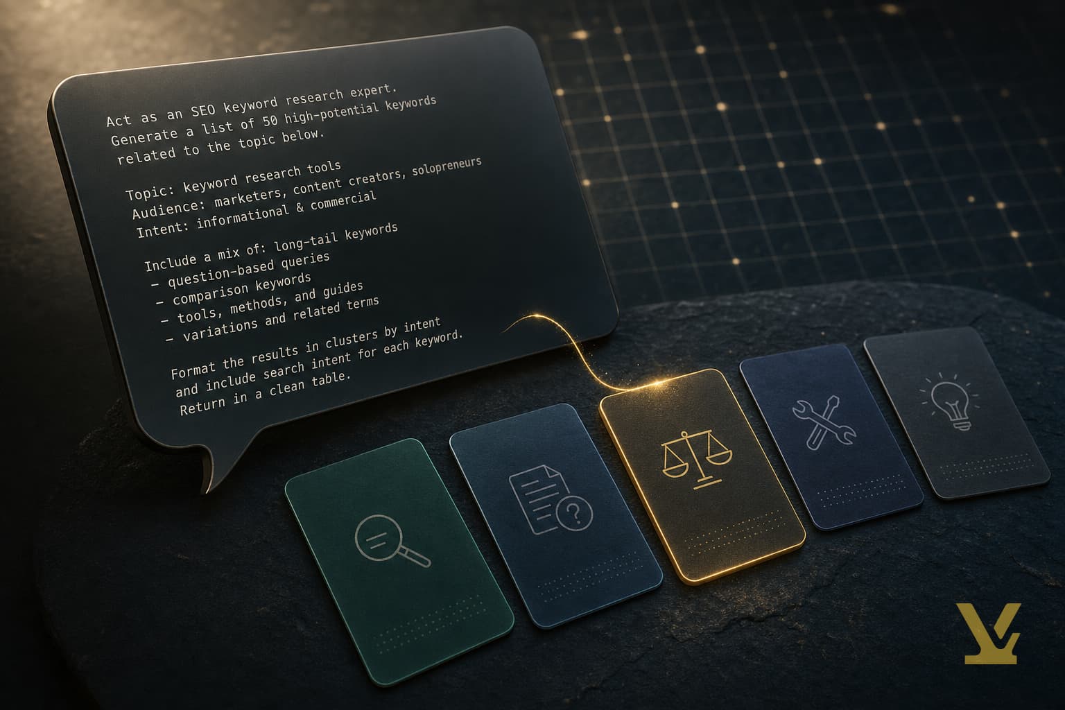 Stylized prompt window forging five intent-bucket cards on a dark slate workshop surface