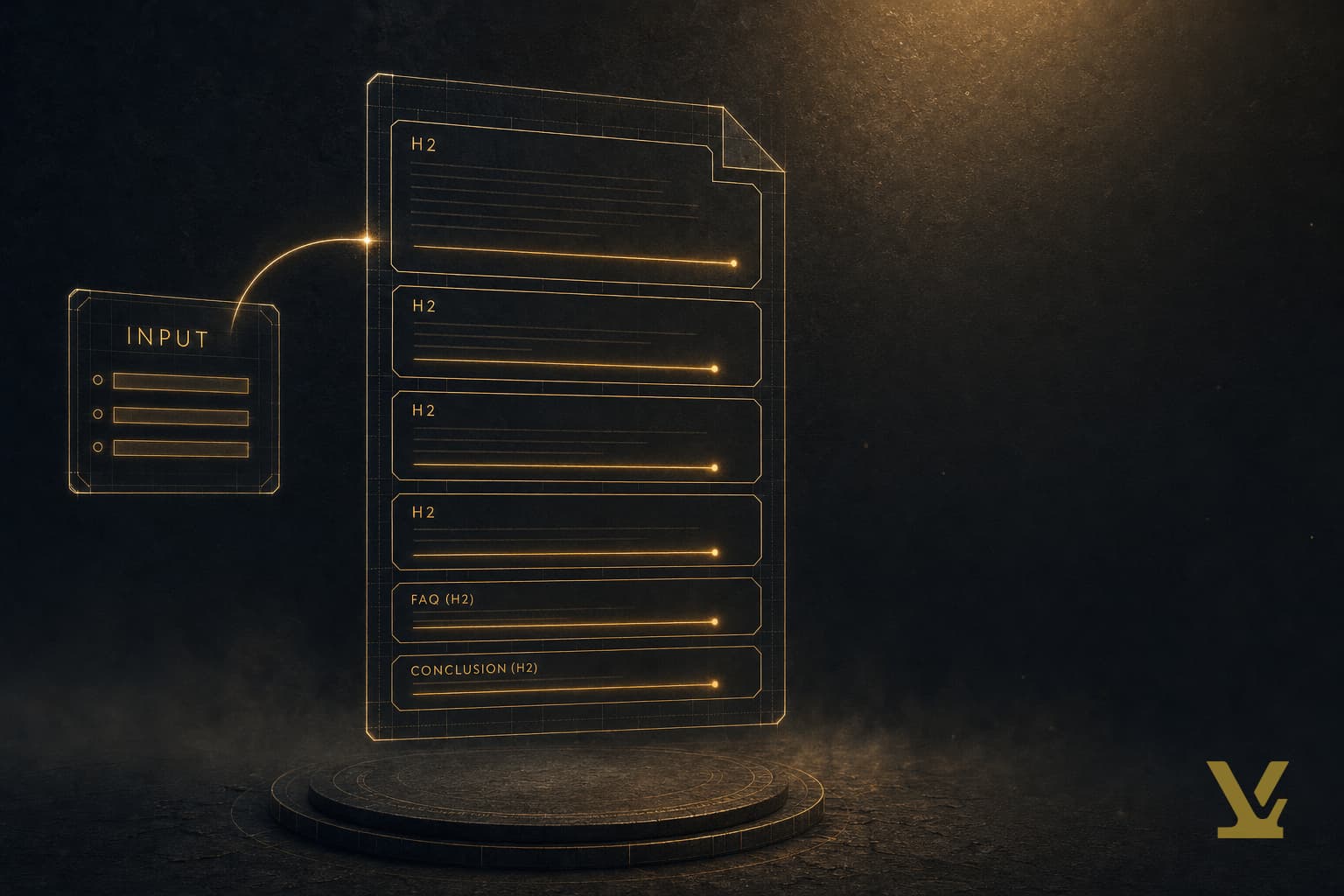 Dark editorial illustration of a glowing six-block outline scaffold linked by a gold filament to a small INPUT card.