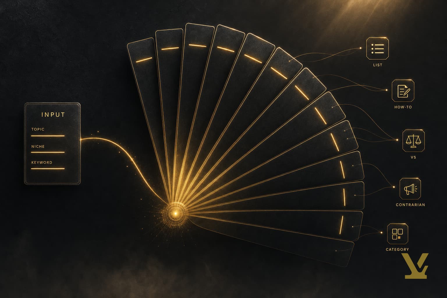 Twelve title cards fanning from a central prompt node with five angle labels — listicle, how-to, vs, contrarian, category