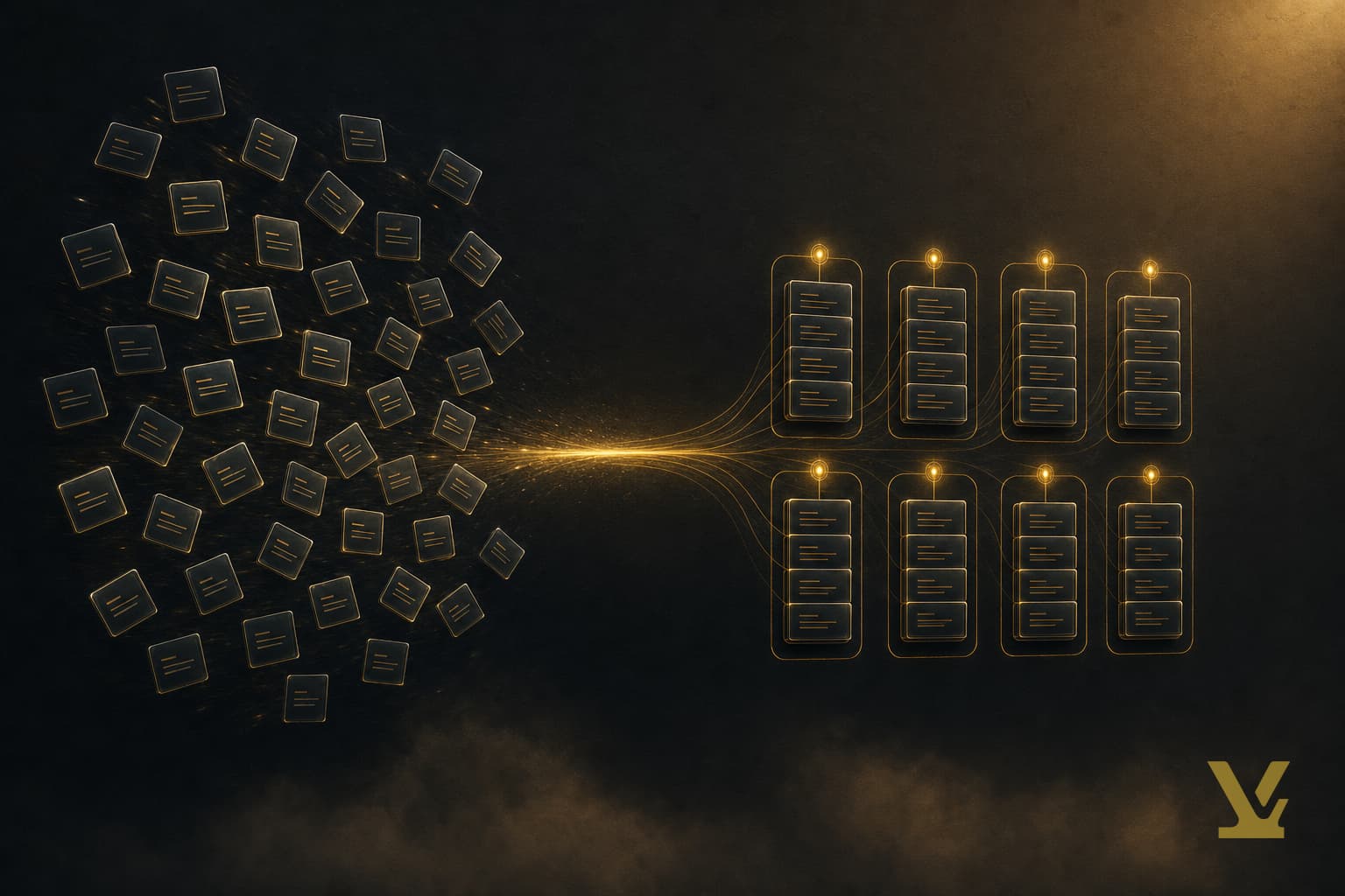 Scattered keyword tokens reorganizing into six tight clusters under a gold filament sorting beam