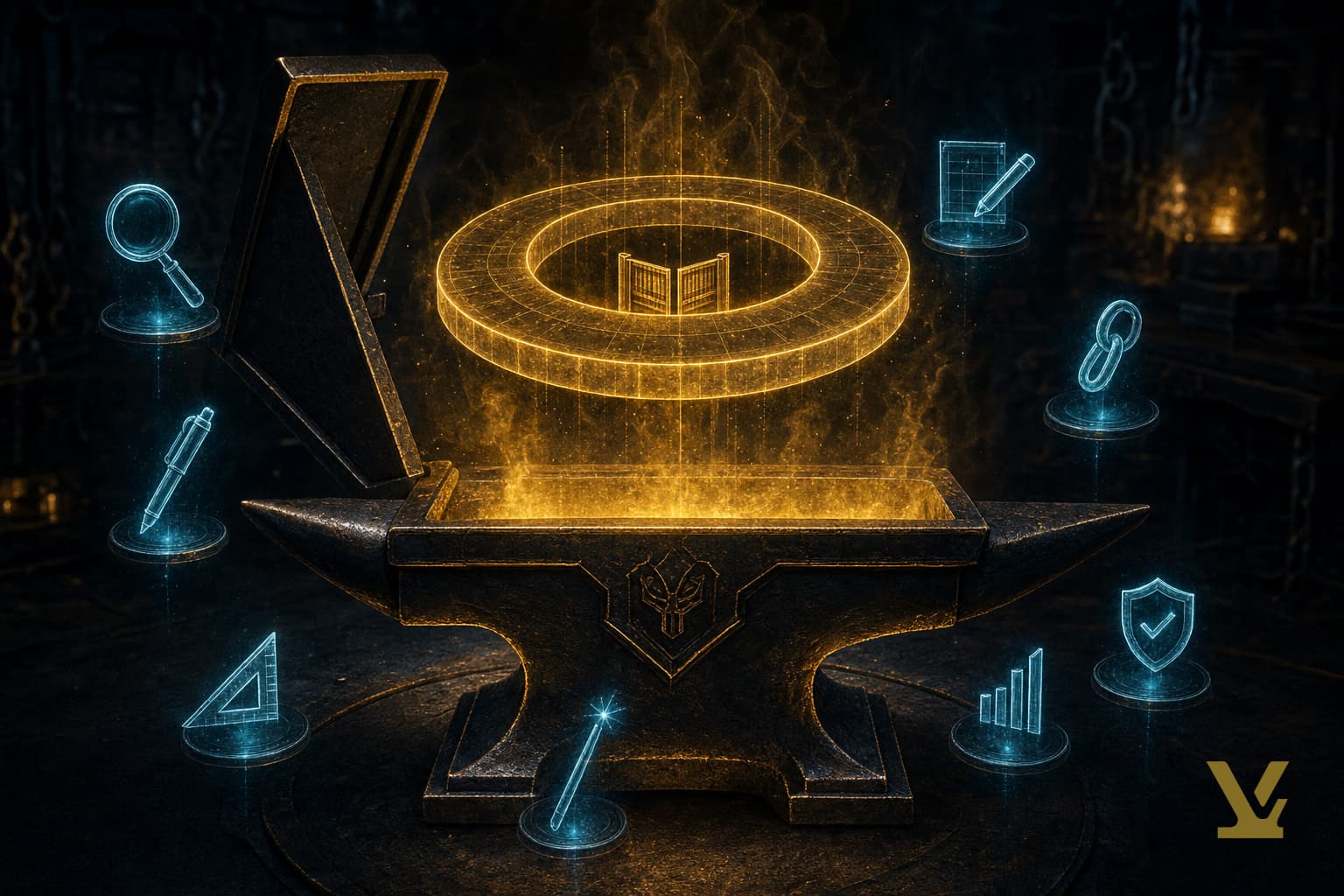 Dark workshop scene with a glowing anvil-shaped console: a free SEO content workshop, not a trial.