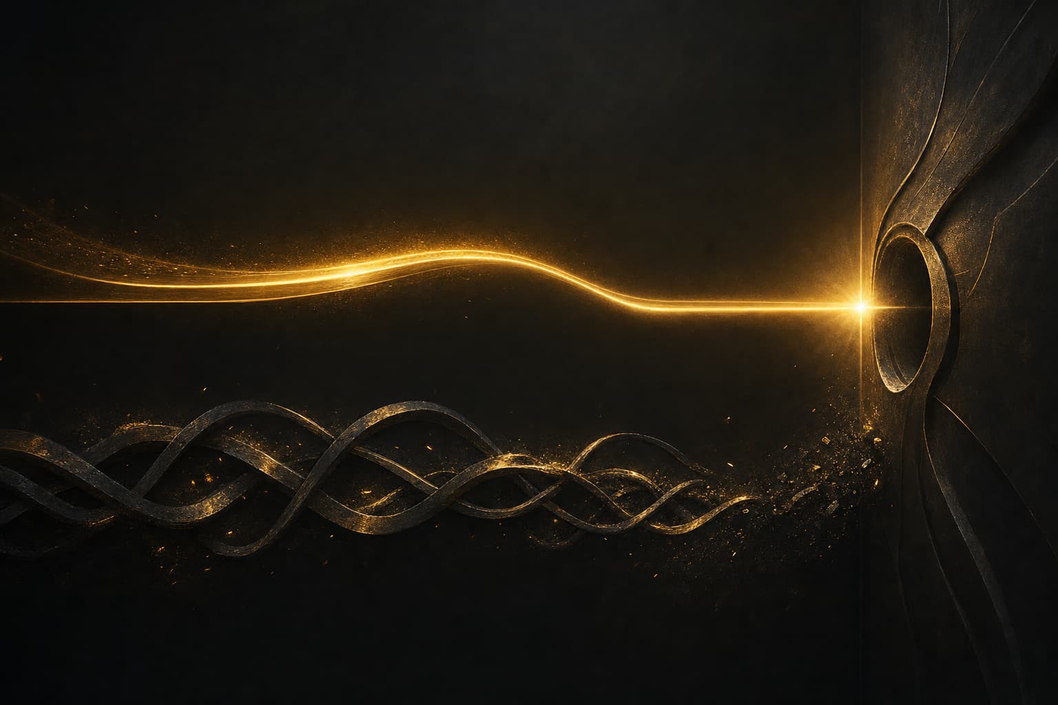 A short golden beam outpacing a tangled dim path into a glowing forge focal point