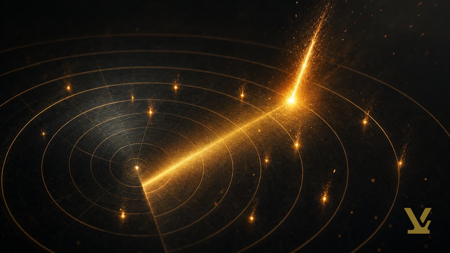 Golden radar sweep over concentric rings with one breakout ember flaring above the rest