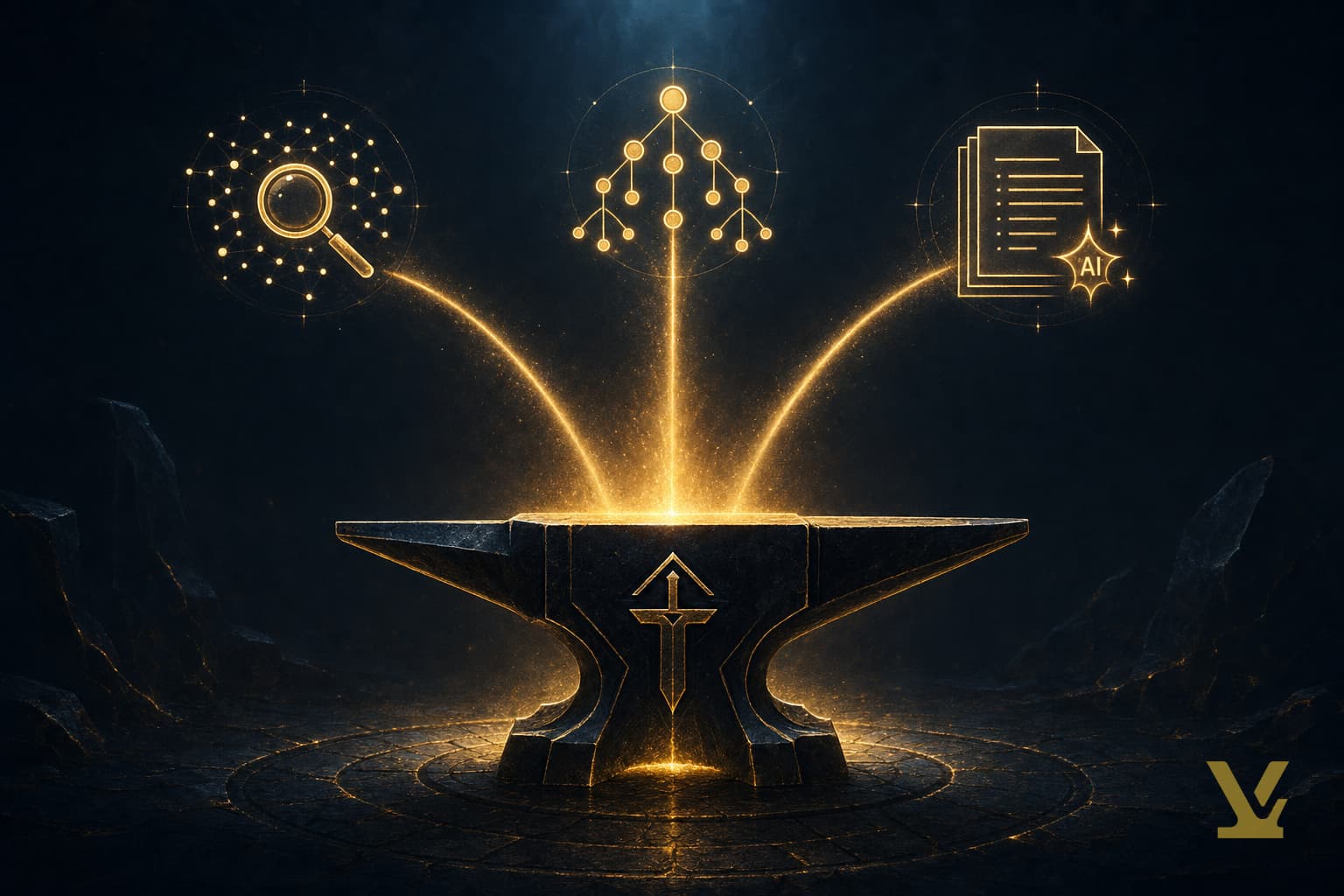 Forge-style overlay highlighting AI SEO features that compress keyword research and content planning into a single workflow.