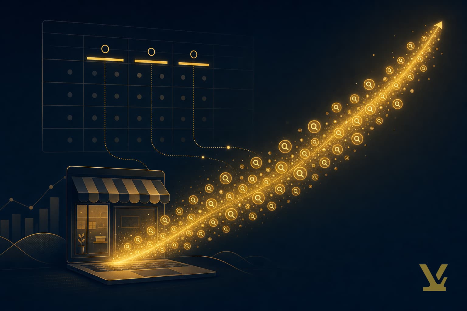 Editorial illustration: small-site owner channeling free organic traffic through a 90-day plan with gold accents on dark navy