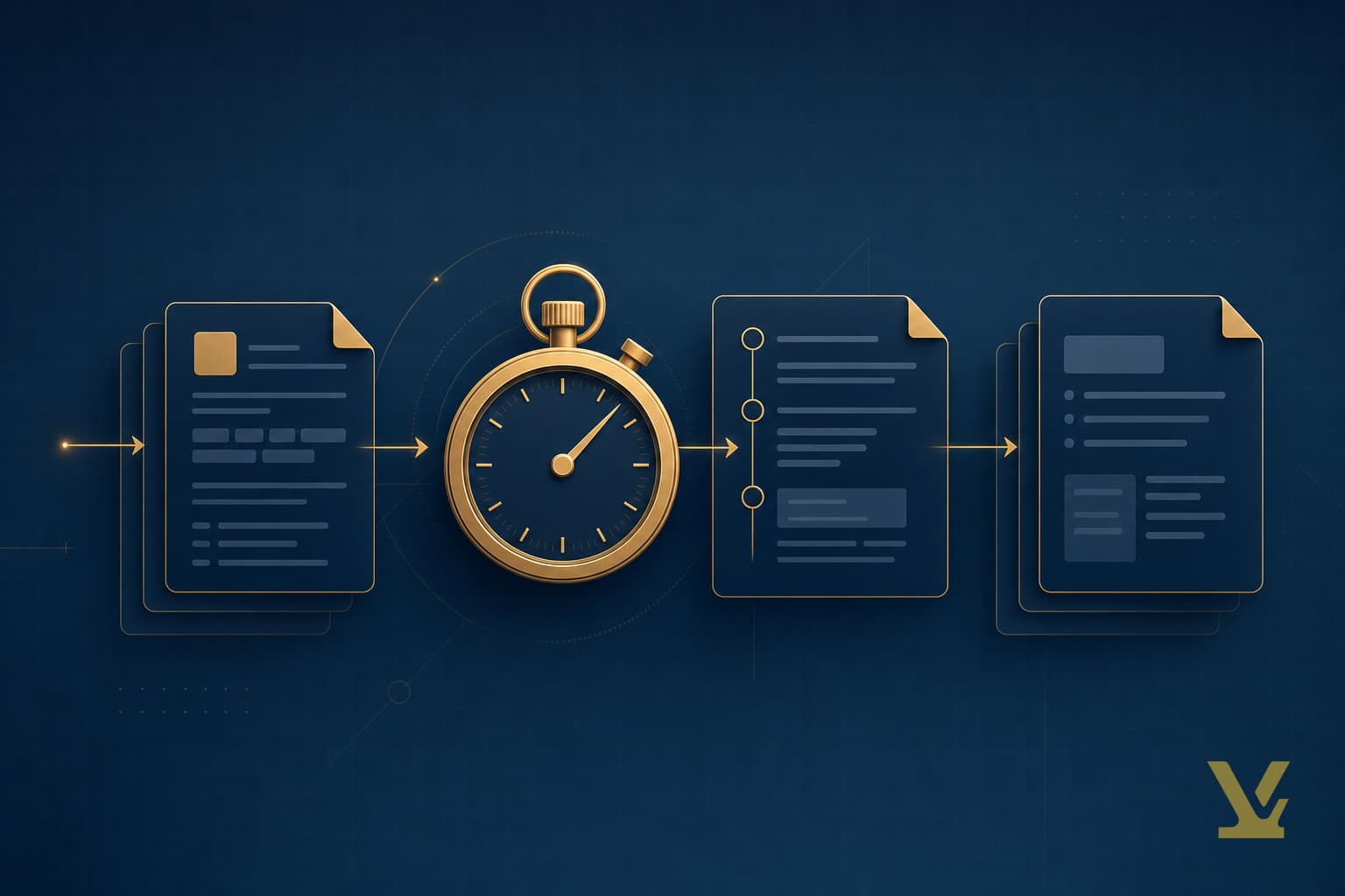 Editorial illustration: stopwatch over keyword, outline, and brief panels - brief-latency as the core metric