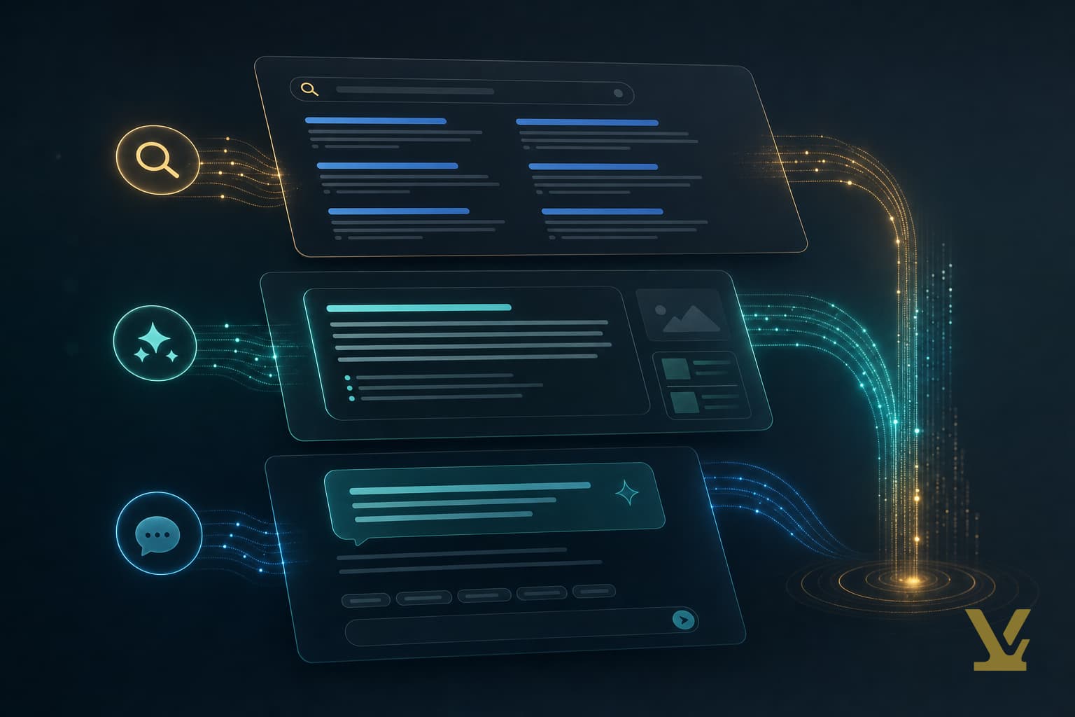 Three overlapping search surfaces — blue links, AI Overview panel, and answer engine — representing SEO visibility in 2026