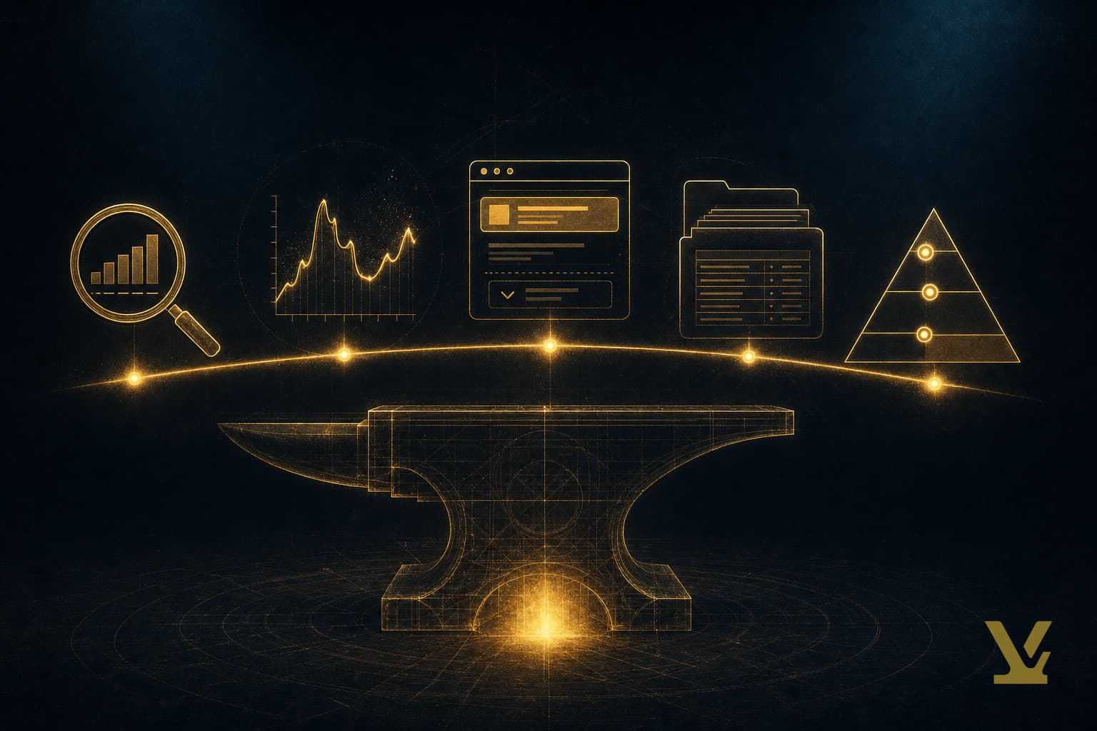 Five Google keyword tools as gold glyphs forming a free keyword research workflow on a dark forge backdrop.