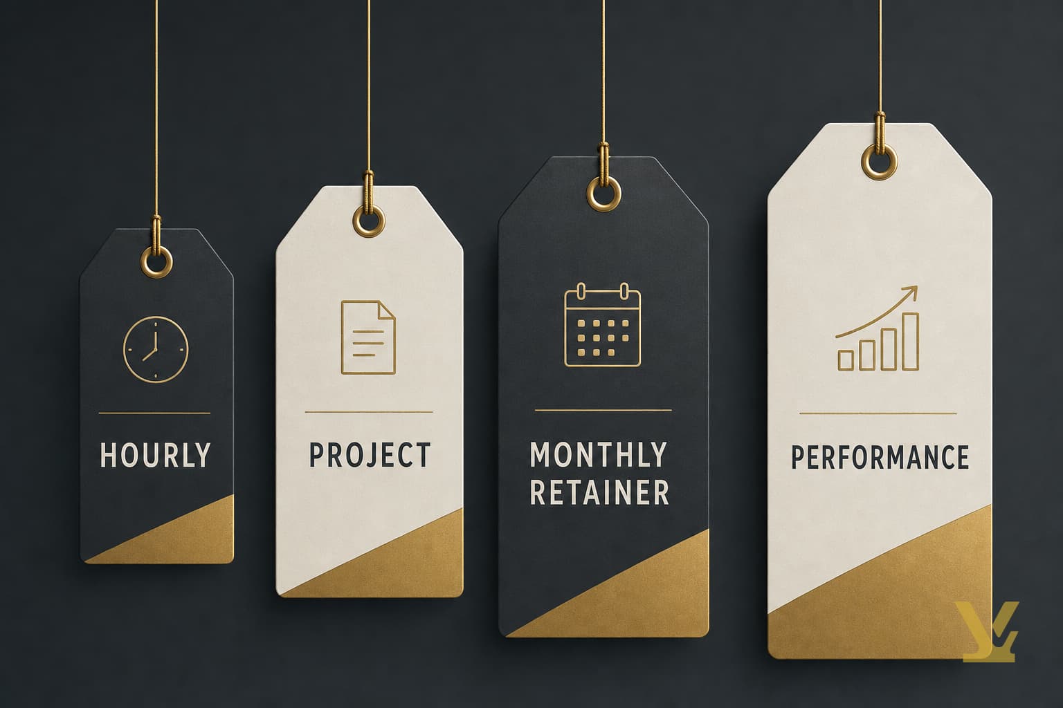 Editorial illustration showing four SEO pricing model price tags labeled hourly, project, monthly retainer, performance