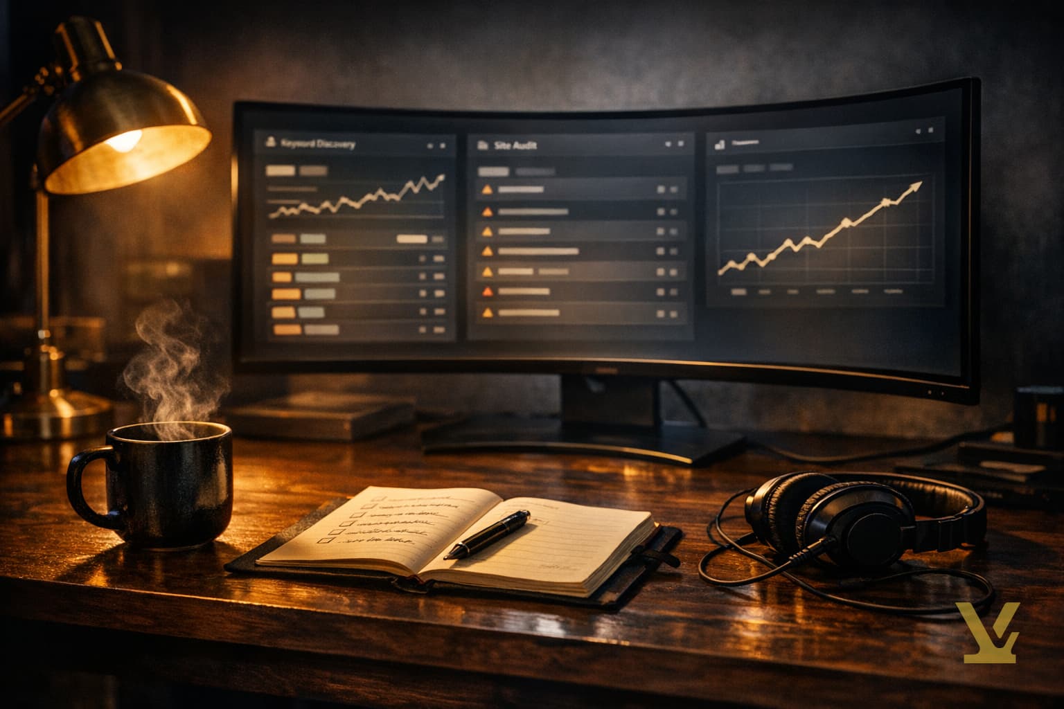 Photo: creator workspace with multiple SEO tool dashboards open - grounding the article in a real solo-creator setup