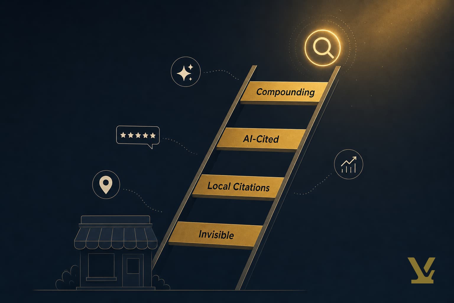 Diagram: Small Business SEO Maturity Ladder rises from Invisible to Compounding with stall zone shown