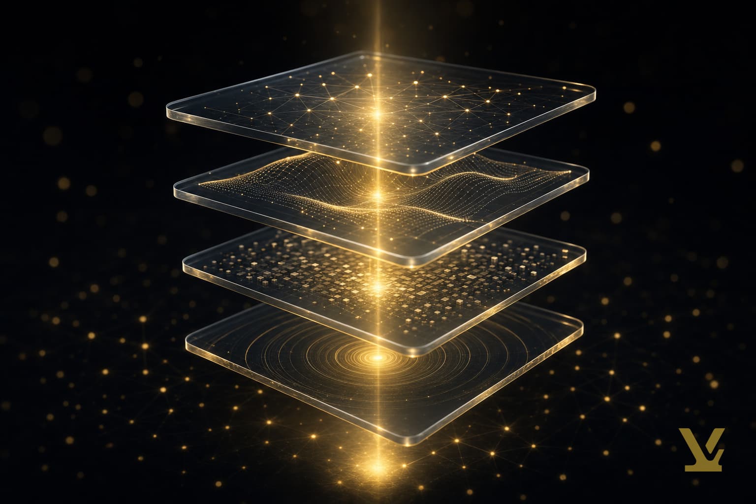 Editorial illustration: four translucent glass panels as a ranking signal stack with golden light cascading through layers