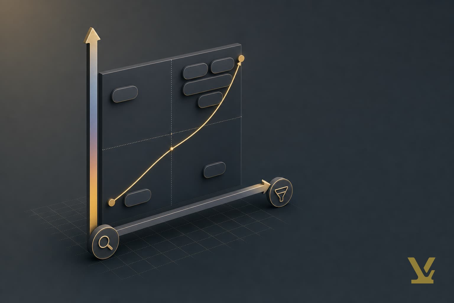 Editorial illustration: rank-and-convert two-axis chart - hero for content marketing strategy article