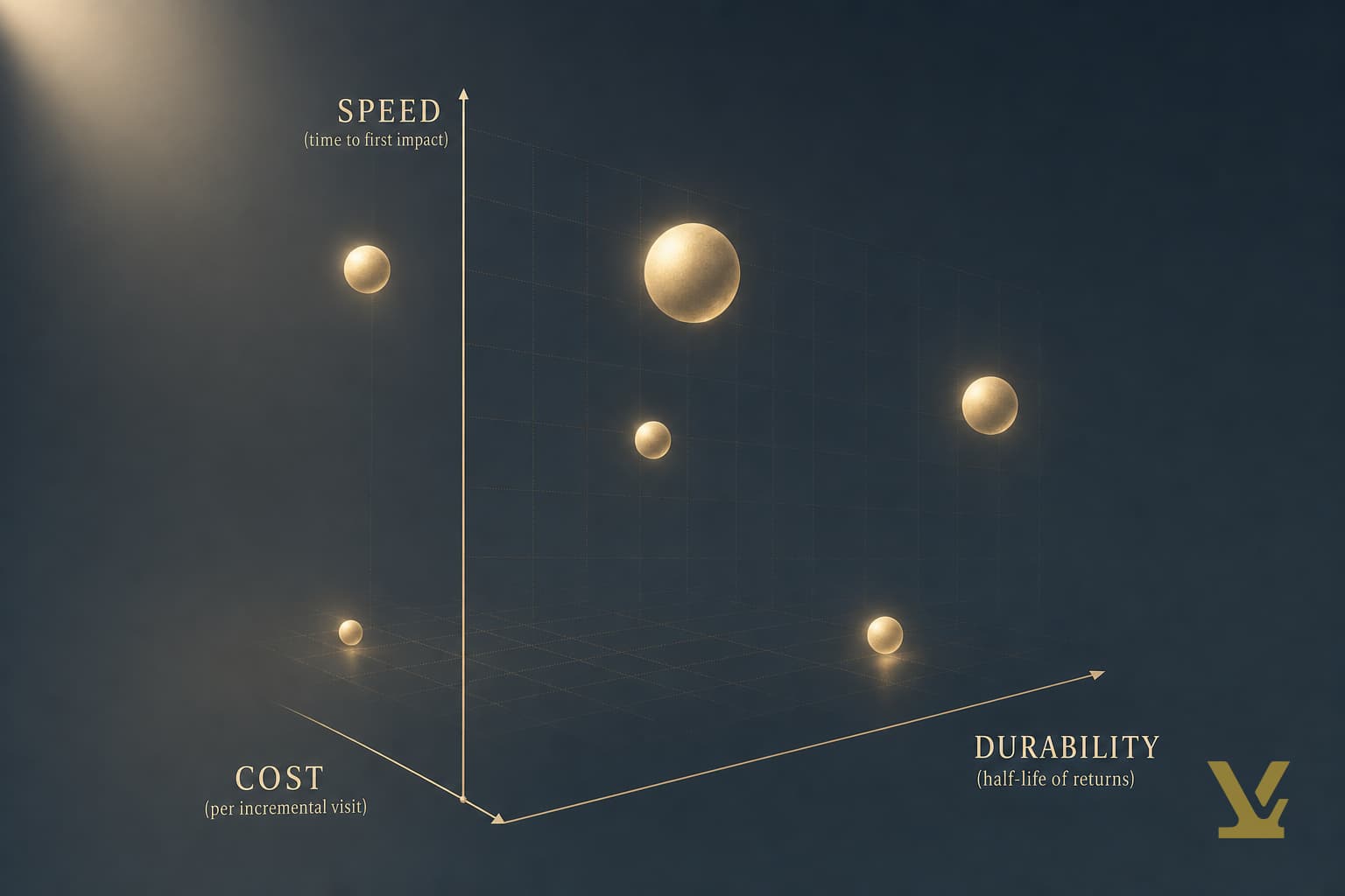 Speed durability and cost matrix mapping website traffic tactics across three portfolio axes