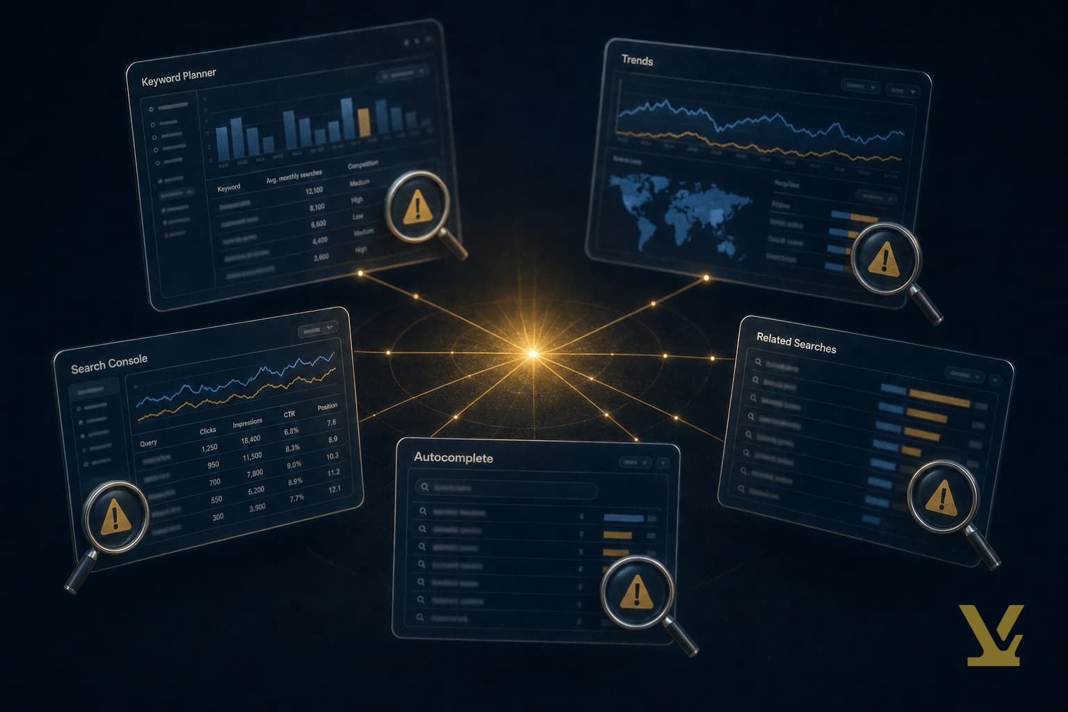 Five floating Google tool dashboards connected by gold calibration lines under a central glow