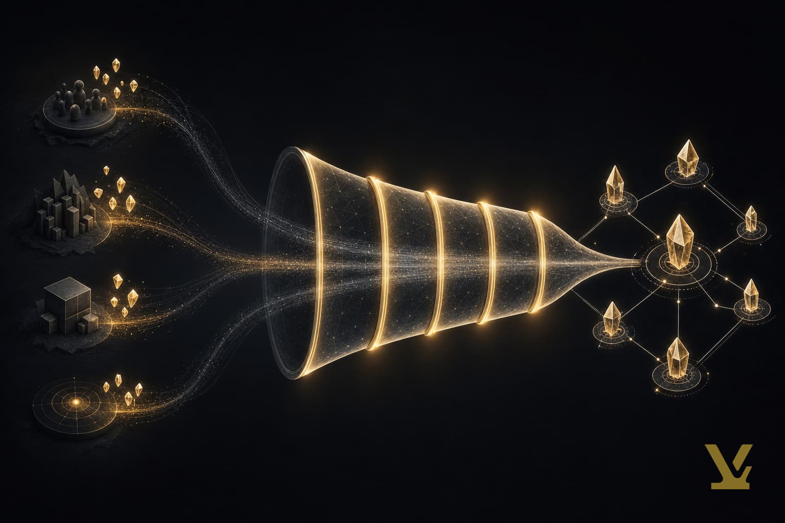 Diagram: seed crystals flow through a five-gate funnel into a constellation of writeable target keywords