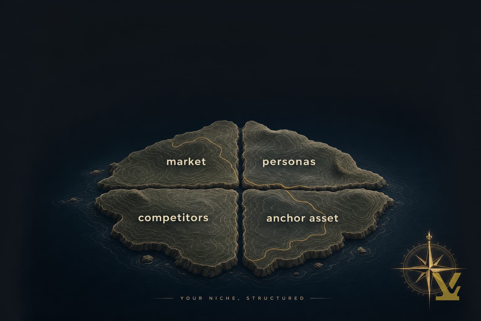 Topographic island map split into four labeled quadrants showing the four-axis VarynForge niche research model for SEO.