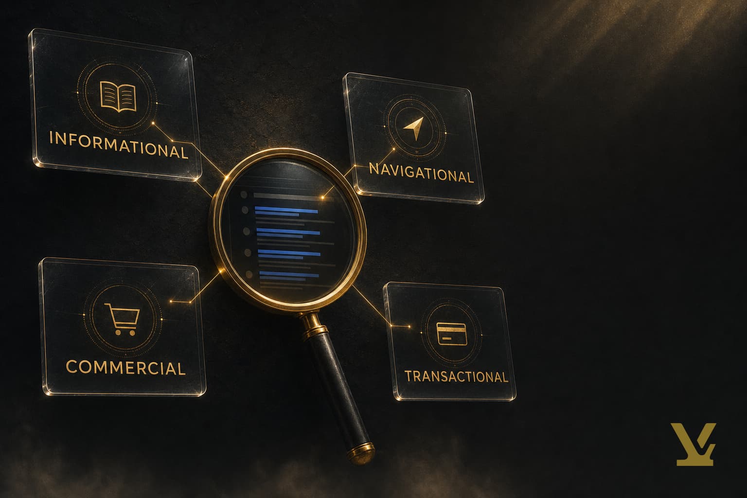 Search intent types as floating glass cards with magnifying glass over a SERP silhouette on dark slate