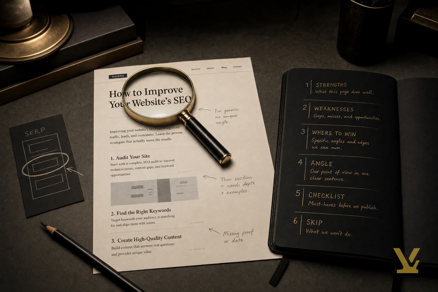 Editorial still life of a competitor page teardown desk: printed page under a loupe beside a notebook outline.