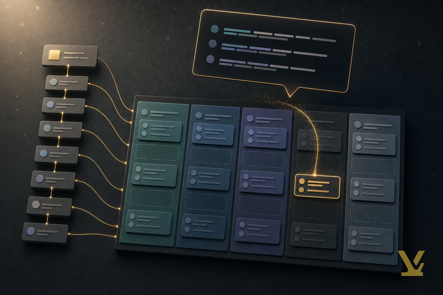 Editorial illustration of a sitemap connecting via gold thread to a five-bucket gap matrix, evoking a content gap audit.