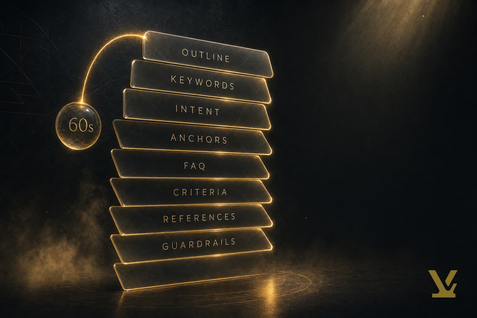 Layered brief document with gold-glowing panels and a 60s orb — writer-ready content brief in sixty seconds