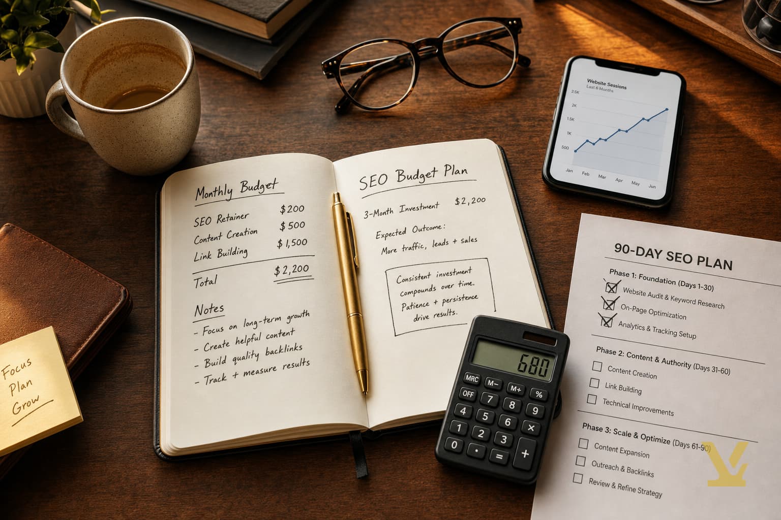 Small business owner desk with notebook showing 90-day SEO budget figures and morning coffee