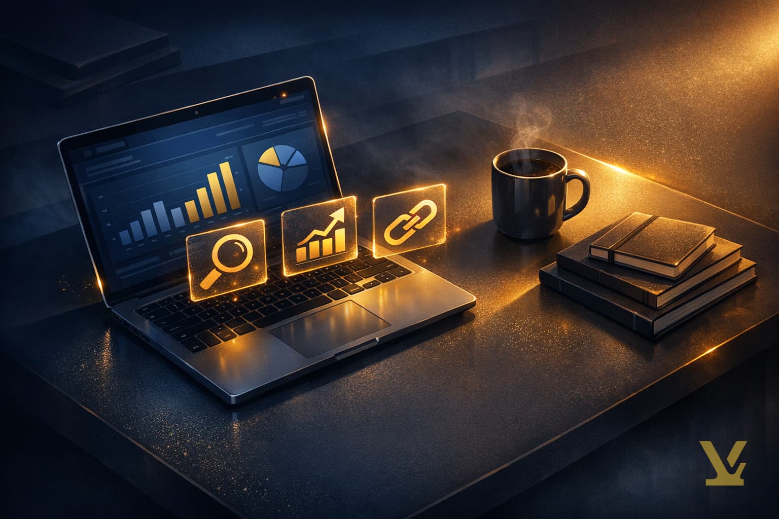 Editorial illustration: a creator's nighttime desk with a laptop dashboard surfacing SEO charts and floating keyword cards