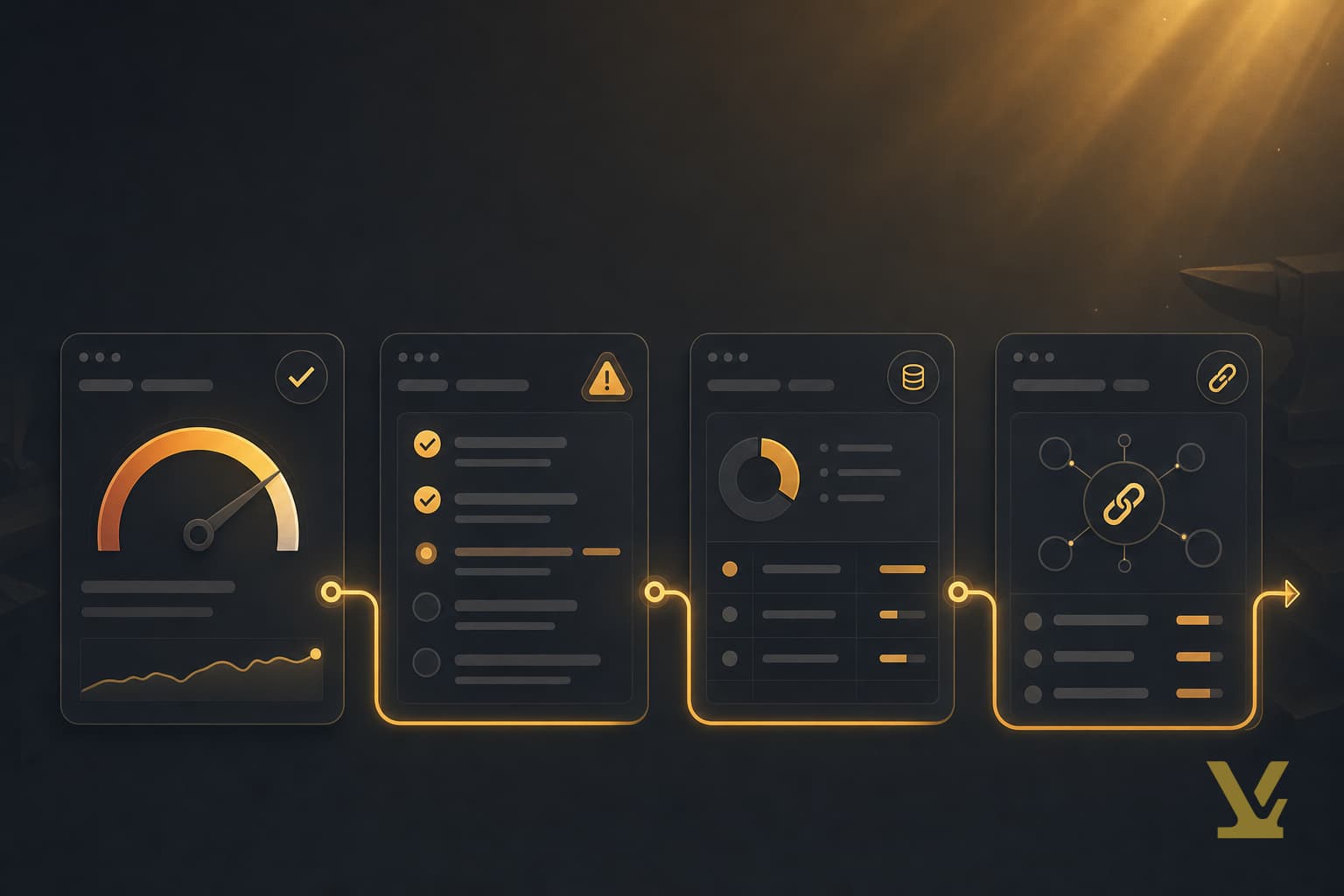 Editorial illustration of a four-panel free SEO audit dashboard with handoff line