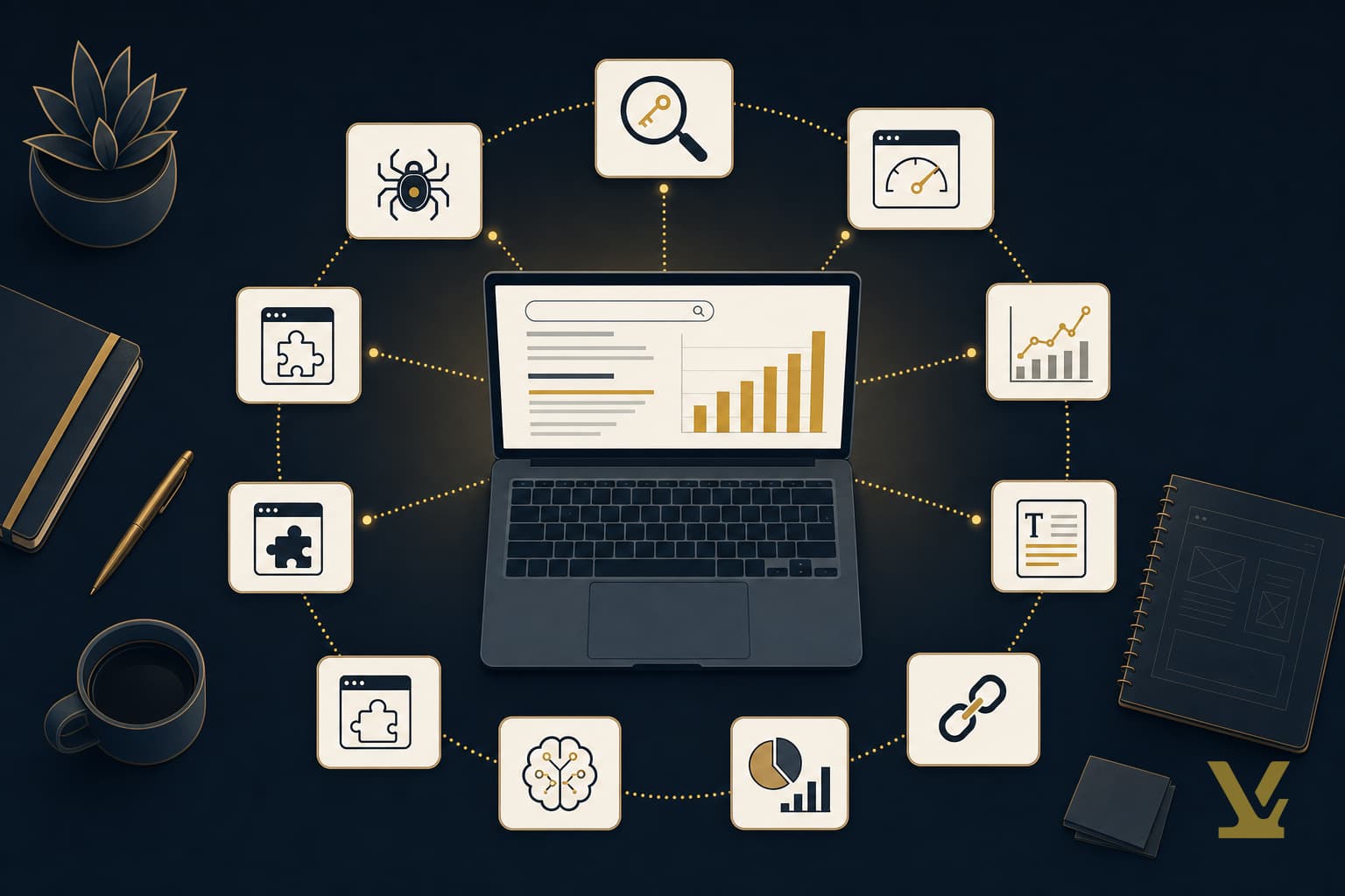 Diagram of an SEO marketer's command center with 10 tool icons orbiting a laptop showing a SERP results chart
