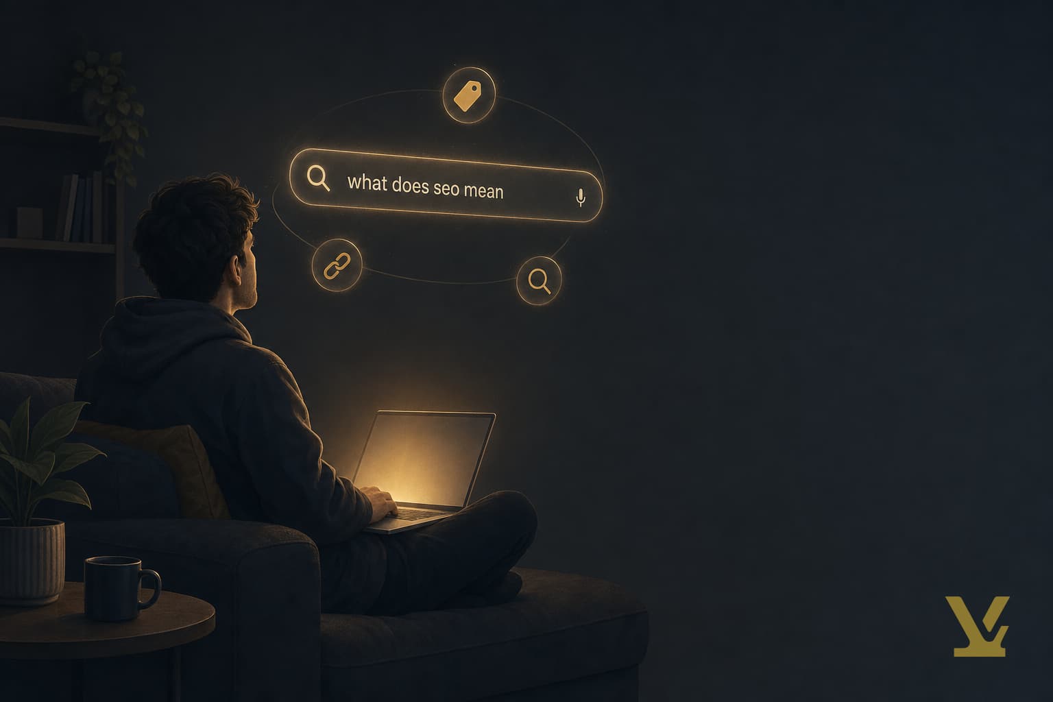 Small creator at a laptop discovering what SEO means with a search bar floating above the screen.