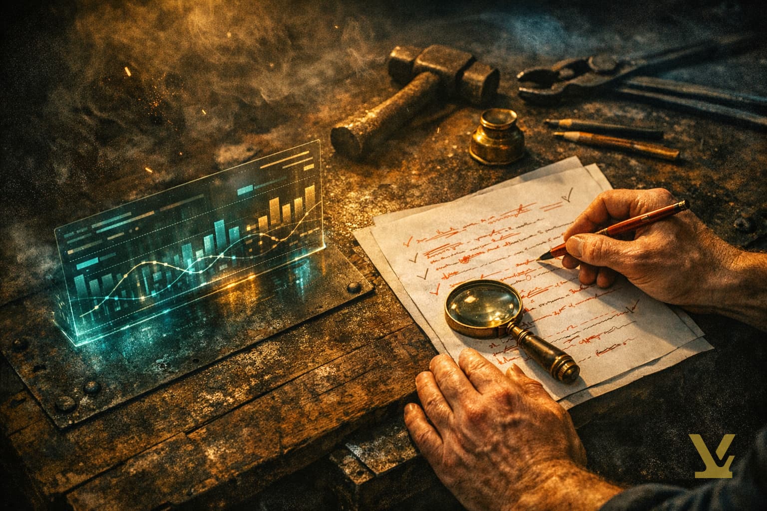 Editorial cover: dark forge bench where AI tooling and human review meet over a tray of SEO data — practitioner-first.