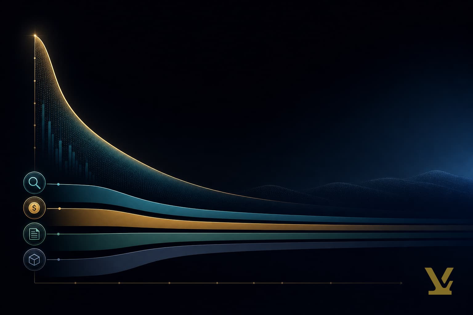 Long-tail demand curve fading into a horizon across four digital marketing surfaces