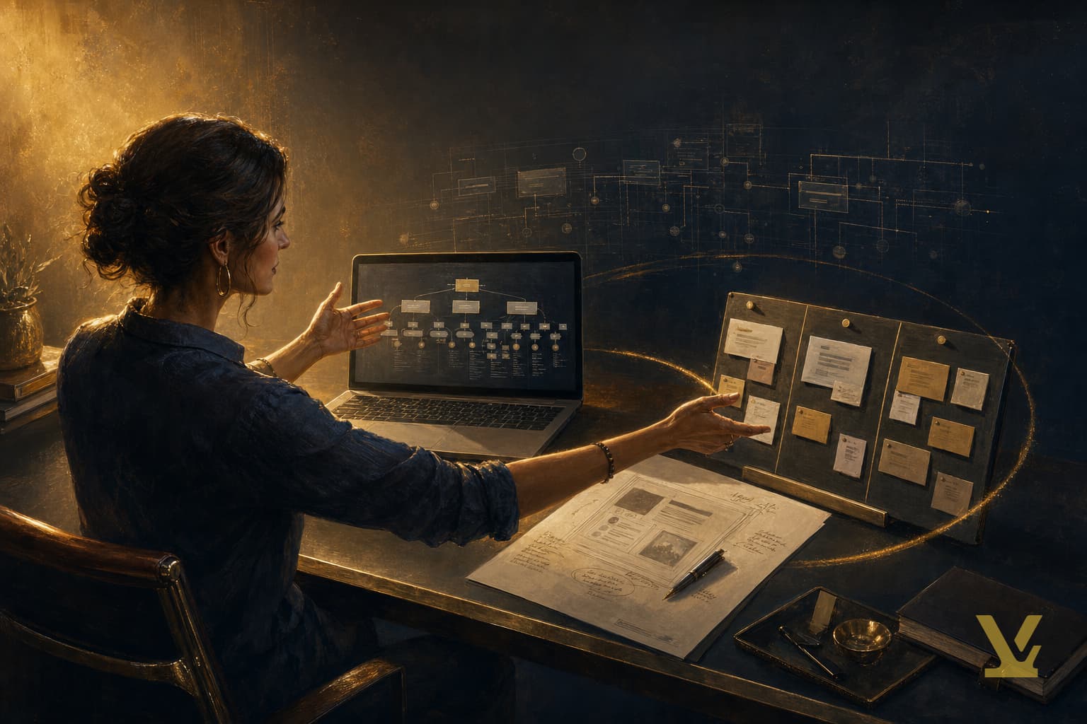 Editorial illustration of a content strategist at a desk with brief, taxonomy, and Kanban: one role owns the system