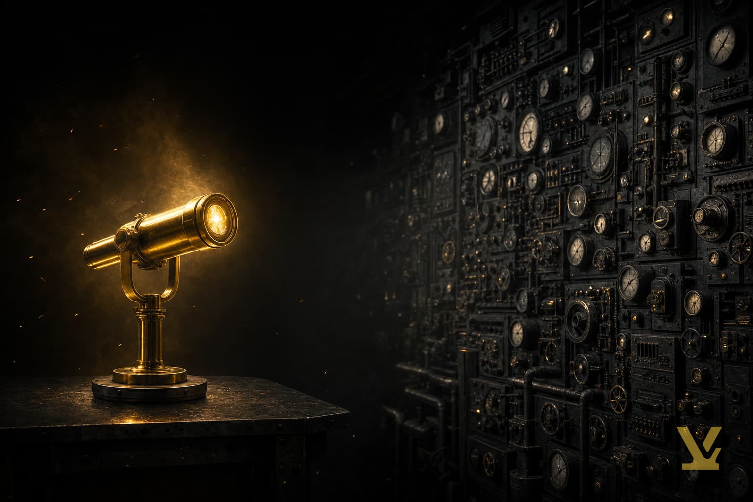 Abstract forge hero: one focused golden tool beside a sprawling dim wall of dials