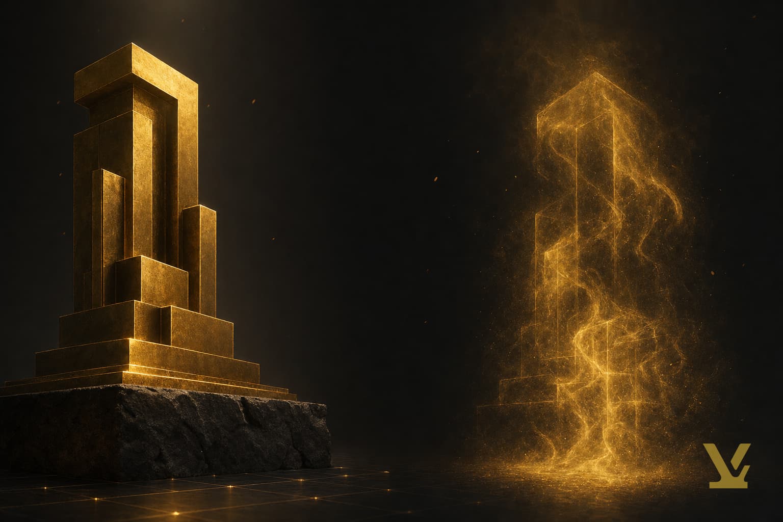 Abstract forge hero: a solid golden structure on bedrock beside a dissolving gold mist