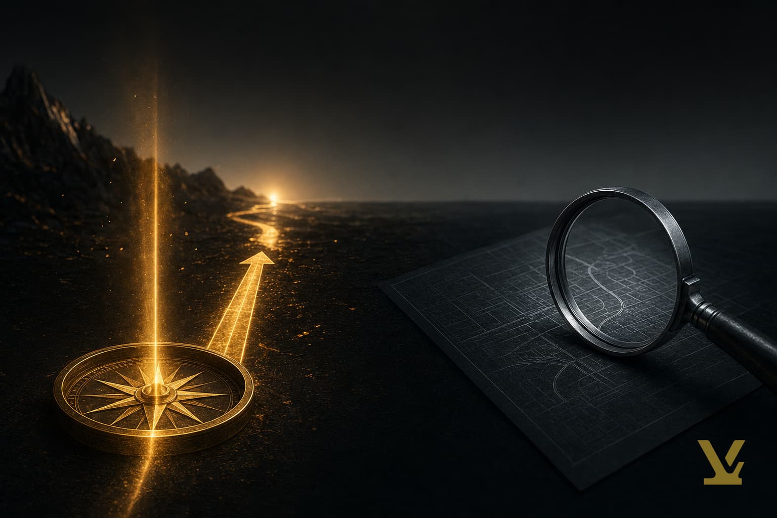 Abstract forge hero: a golden compass choosing a path beside a dim lens grading a page