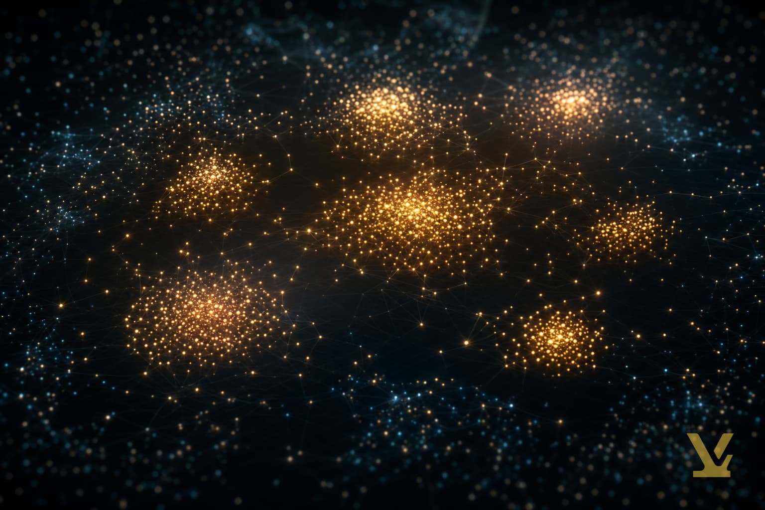 Glowing keyword vectors clustering into distinct topic groups in a dark semantic space