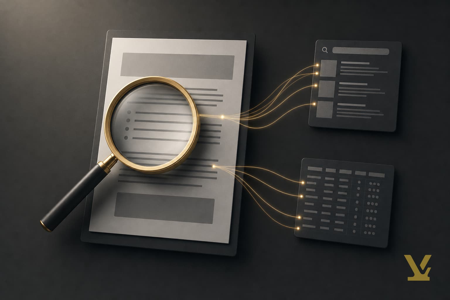 Magnifying glass auditing an AI-generated content brief with source-trace threads on a dark editorial backdrop