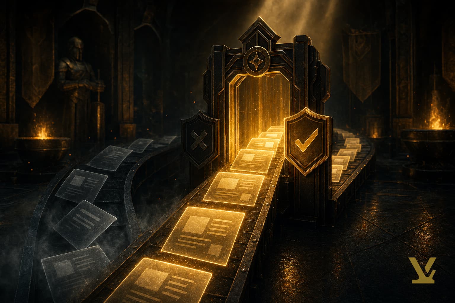 Golden quality-control gate filtering AI-generated content briefs in a dark forge workspace