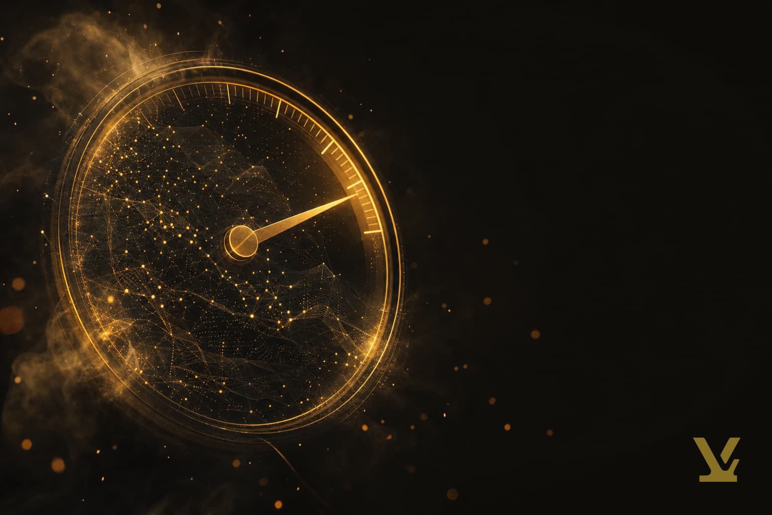 Editorial illustration of a confident dial built from noisy data, depicting search volume as false precision