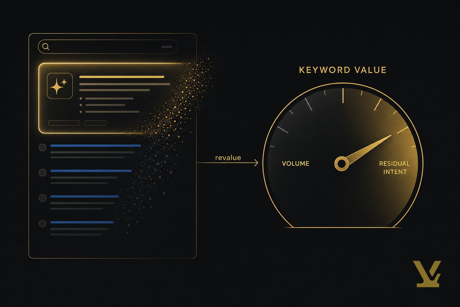 Diagram of a dissolving search page beside a keyword-value gauge swinging from search volume to residual intent