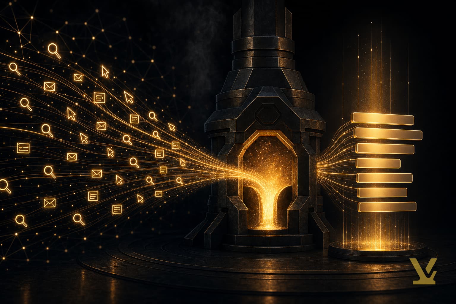 Behavioral intent signals flowing into a forge and emerging as a prioritized keyword list