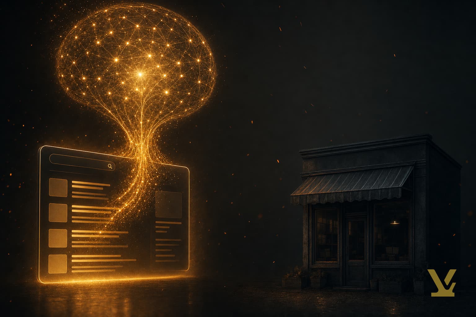 AI overviews siphoning glowing value away from a small publisher while a search panel feeds an AI orb